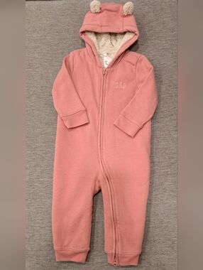 GAP Pink Hooded Outdoor Fleece One-Piece with Sherpa Lining Bear Ears